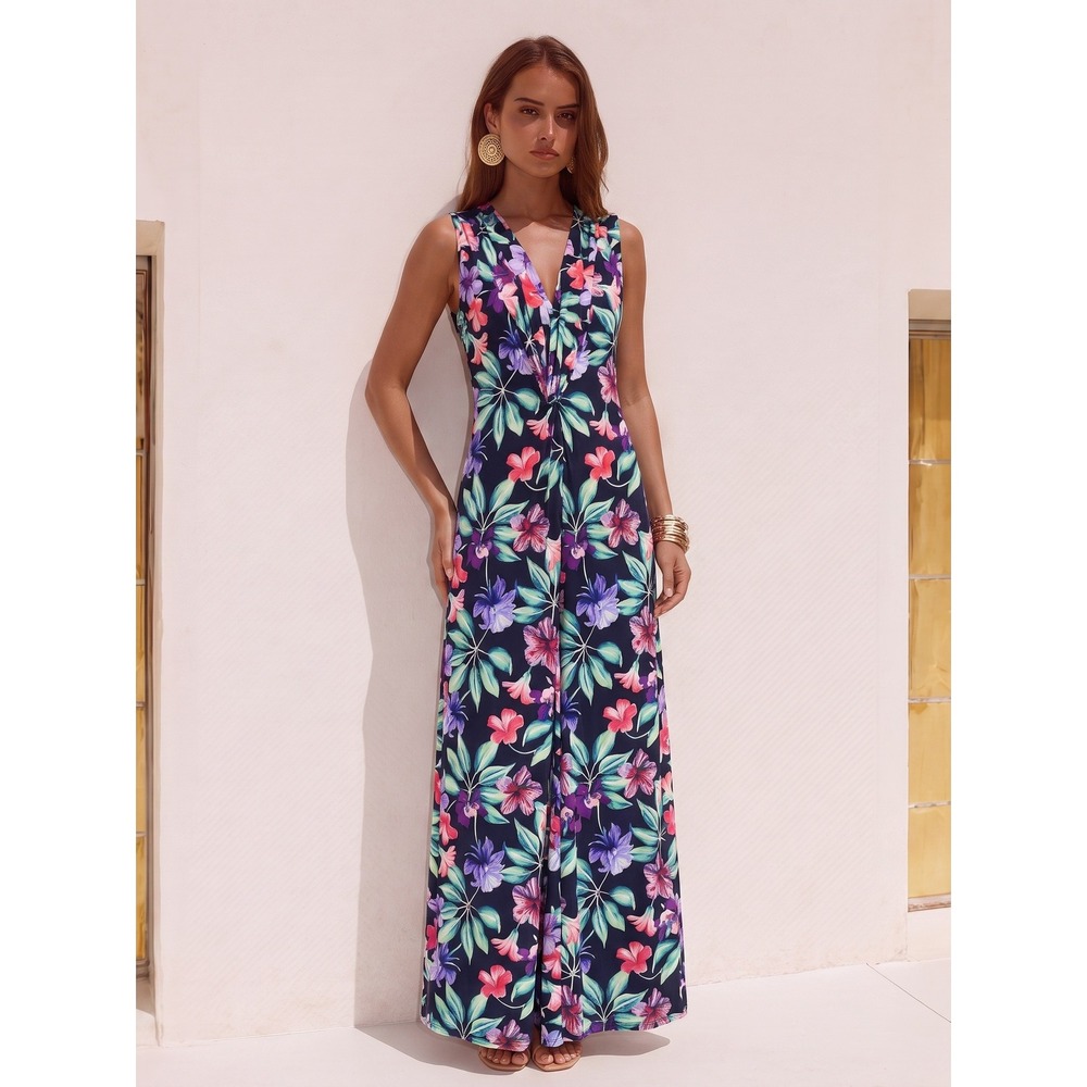 Tommy Bahama Maxi Dress Womens Size M Blue Floral Sleeveless Knot Front